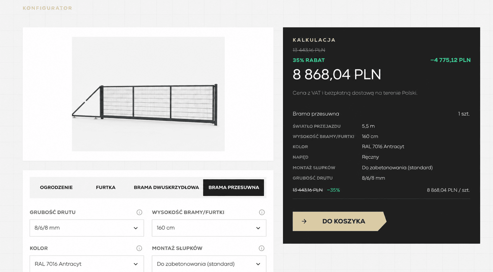 Mockup konfiguratora ogrodzeń systemowych: brama przesuwna, kalkulator ceny w PLN z VAT, parametry.